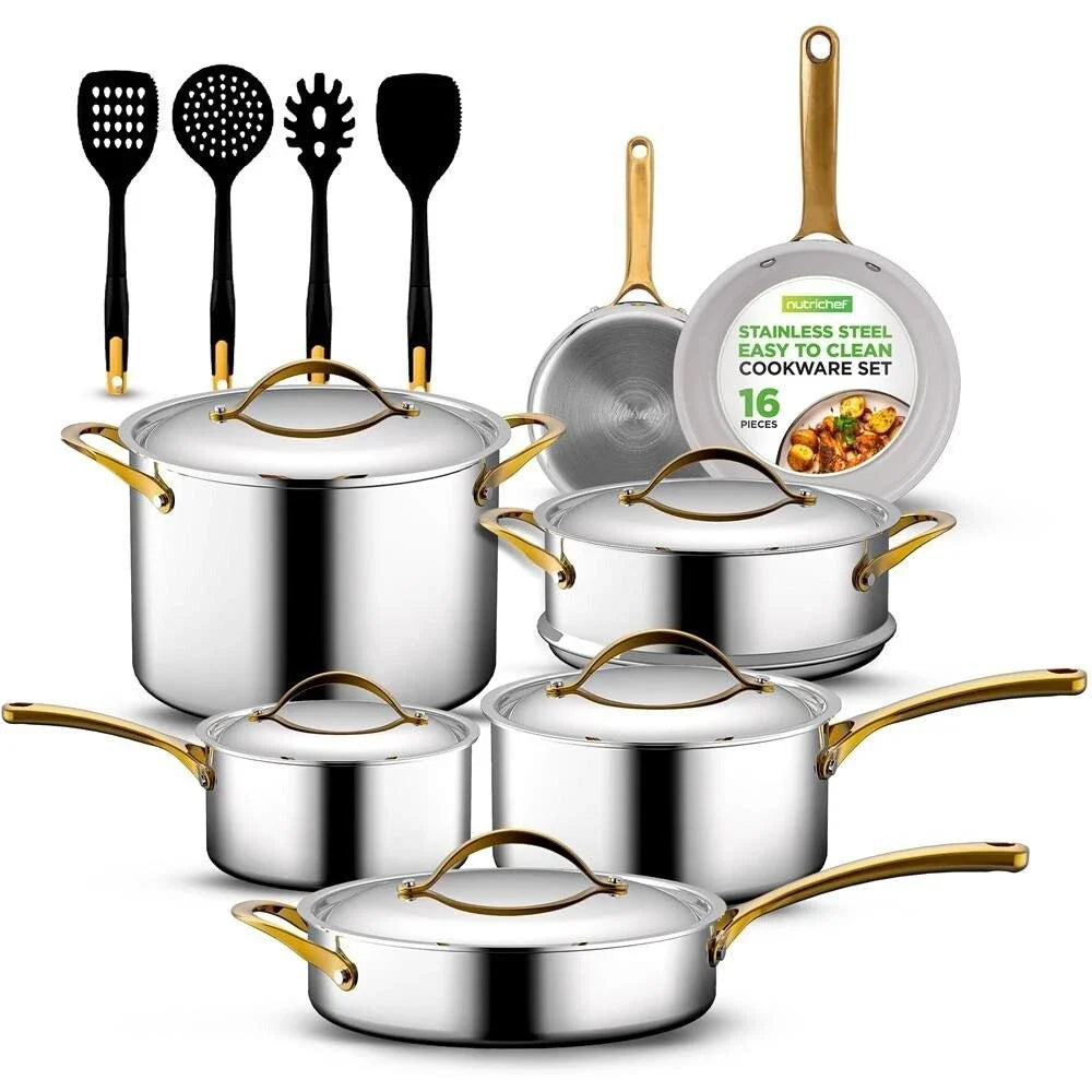 Nutrichef 16 Pcs. Kitchenware Pots & Pans Set-Clad Kitchen Cookware, Non-stick