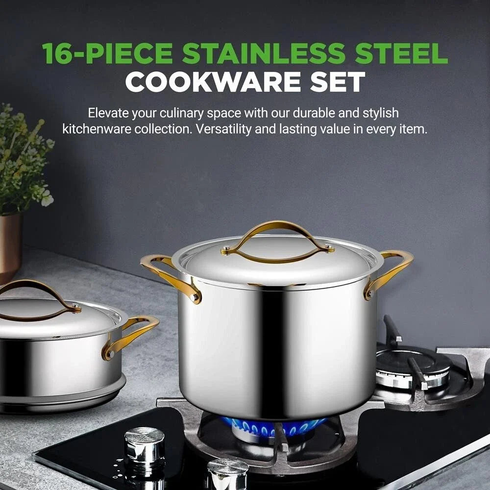 Nutrichef 16 Pcs. Kitchenware Pots & Pans Set-Clad Kitchen Cookware, Non-stick