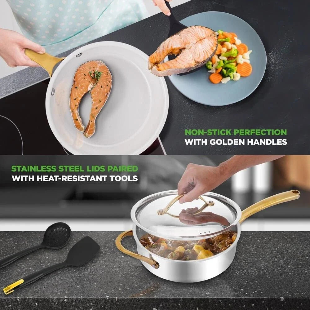 Nutrichef 16 Pcs. Kitchenware Pots & Pans Set-Clad Kitchen Cookware, Non-stick