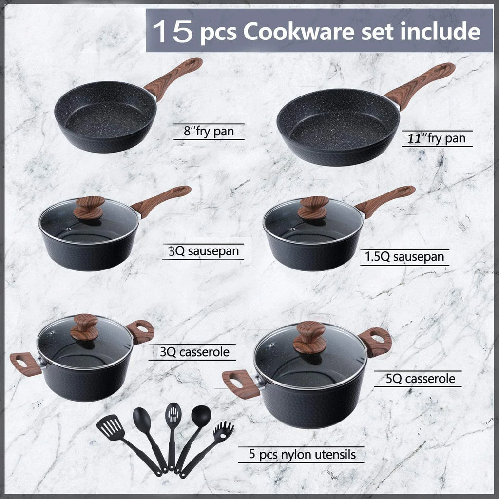 15 Piece Hammered Cookware Set Nonstick Granite Coated Pots and Pans Set